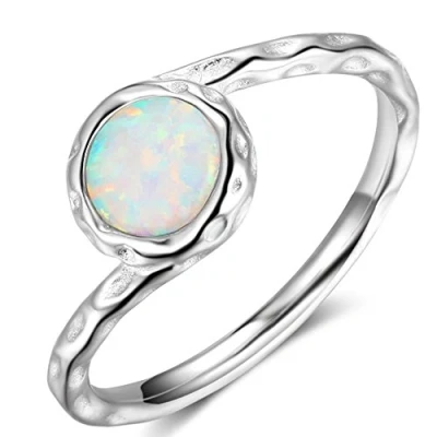 Image of JUDE 925 Sterling Silver Hammered Created Opal Wave Solitaire Wedding Engagement Ring (Z+1)