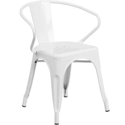Image of Roy White Set of 4 Metal Dining Chairs Stackable Industrial Bistro with Curved Backrest Galvanised Steel Indoor Outdoor Seating for