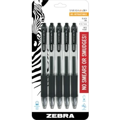 Image of Zebra Pen Sarasa Retractable Gel Pen, Medium Point, 0.7mm, Black Ink, 5 Pack
