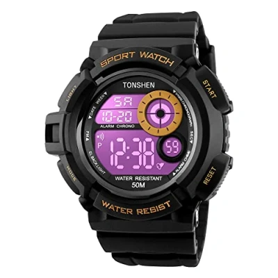 Image of TONSHEN Mens Large Face Plastic Sport Watch with Rubber Band Multicolour LED Back Light Outdoor Military 50M Waterproof Multifunction Stopwatch Electronic Digital Wirst Watches