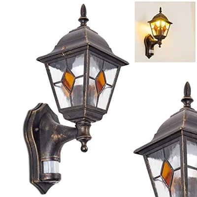 Image of Wall lamp Antibes with Motion Detector, Light Made of cast Aluminium in Brown/Gold Clear Glass panes, for Terrace/Yard E27 Socket Antique Look, Without Bulbs