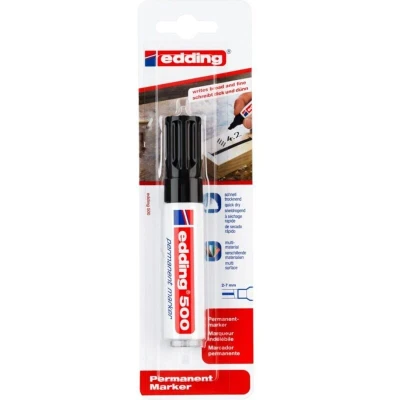 Image of edding 500 permanent marker black 1 pen chisel nib 2 7 mm waterproof, quick drying, smear proof pens for cardboard, plastic, wood, metal, glass and fabric
