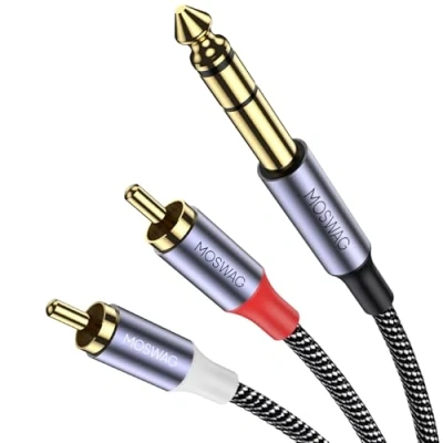 Image of MOSWAG Gold Plated 6.35mm 1/4 inch Male TRS Stereo Plug to 2 RCA Phono Audio Y Splitter Cable,Connector Wire Cord
