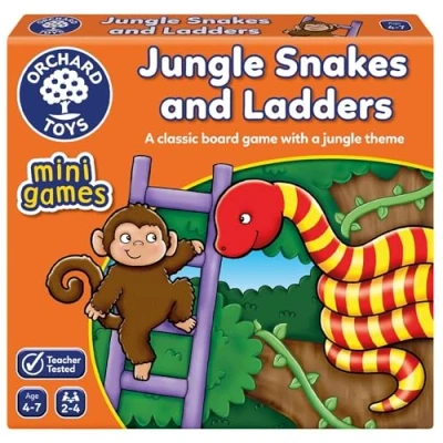 Image of Orchard Toys Jungle Snakes and Ladders Mini Game, Small Compact, Travel Perfect for Children Age 4 7, Ideal Stocking Filler