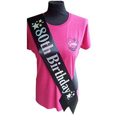 Image of Gemini Ribbons 80th Birthday Star Sash 80 Mens Womens Unisex Party Gift Decorations Black Silver Holographic