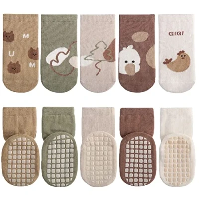 Image of FedMois 5 Pairs Baby Kids Anti slip Socks Cotton non skid Ankle Animals, Chick, 7 Year