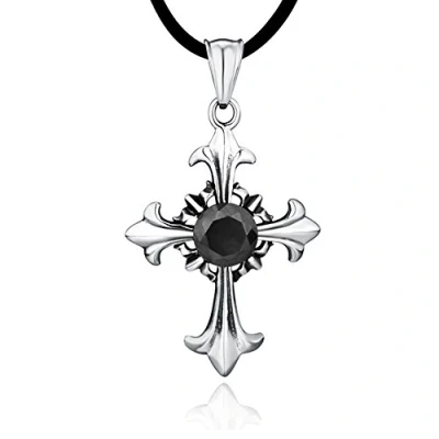 Image of DonDon Men&#039;s Necklace Rubber 50 cm 19,7&quot; with Holy Cross Pendant Silver Stainless Steel in a Black Velvet Gift Bag