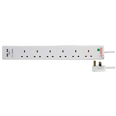 Image of Pro Elec PEL00114 6 Way 2 USB Surge Protected Extension Lead, 3m Length, White