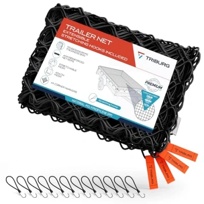 Image of TRIBURG Elastic Trailer Net, 2x3M bis 3x4M, Black/Stretchable, 12 Expander Hooks, UV and Weather Resistant, Secure Load Cover