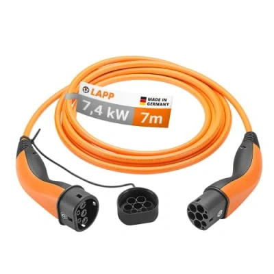 Image of LAPP Mobility EV Charger Type 2 7,4 kW / 32 A 1 phase/Charging Cable for Electric Car Charger, Smooth Surface 7 Metres/Mode 3 orange