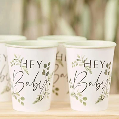 Image of Ginger Ray Botanical Baby Shower Paper Party Cups 8 Pack, White, Count (Pack of 1)