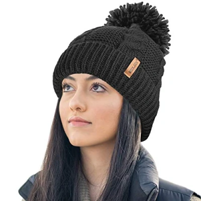 Image of RockJock Ladies STORMACTIVE 100% Waterproof Warm Cable Knit Winter hat with Pompom and Thermal Cosy Liner Black