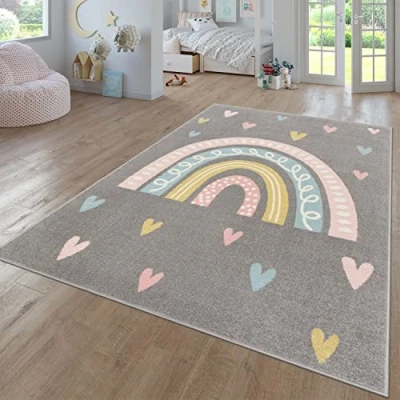 Image of TT Home Nursery Area Rug Kids For Bedroom Girls Boys Modern Rainbow Cloud Animal Motif Colourful, colour:Grey 2, Size:133 cm Square
