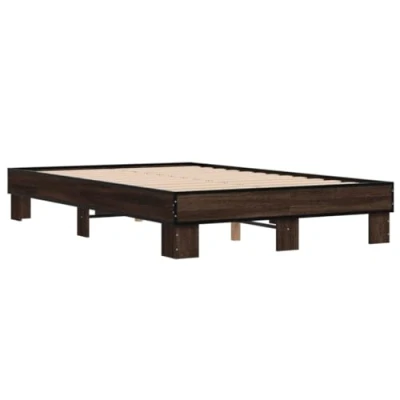 Image of vidaXL Double Bed Frame Brown Oak, Engineered Wood/Metal, Supportive Plywood Slats, 140x190 cm, Easy Assembly, Modern Bedroom Furniture