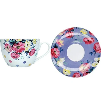 Image of Mikasa Clovelly Tea Cup and Saucer Set with Floral Design in Gift Box, Porcelain, Multi Colour, 2 Pieces