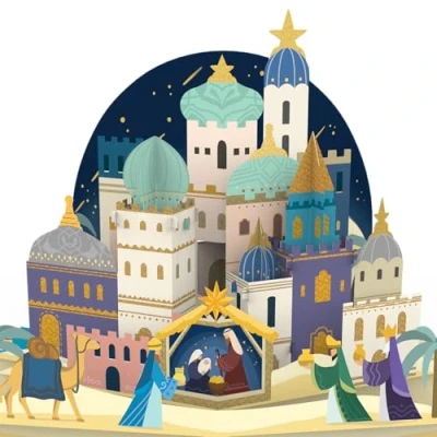 Image of papercrush® Pop Up Religious Christmas Card Bethlehem Nostalgic 3D Christian with Biblical Motif for Mom, Granny &amp; Auntie, handmade Xmas from Godparent Godson and Goddaughter