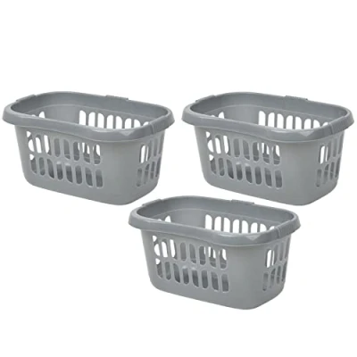 Image of 3x 60 Litre Silver Hipster Laundry Basket High Grade Plastic Washing Clothes Linen Storage Bin Tidy Household