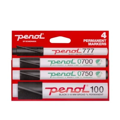 Image of PENOL Permanent Marker Pens, 4 Pens Black Color 0700, 0750, 777, 100 Multiple Tips with Nordic Swan Ecolabel, Quick Dry and Fade Resistant Ink Based on Alcohol