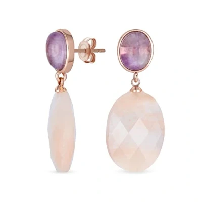 Image of Elegant Gemstone Purple Amethyst Oval Accent Natural Briolette Peach Pink Rose Quartz Faceted Drop Earrings For Women Gold Plated
