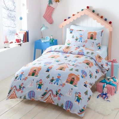 Image of Happy Linen Company Girls Boys Kids Gingerbread Village Christmas Blue Single Reversible Soft Easy Care Bed Duvet Cover Quilt Bedding Set With Pillow Case