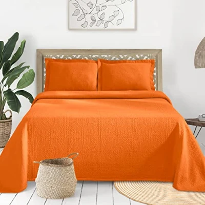 Image of Superior Cotton Fleur De Lis Bedspread Set, Warm Blankets, All Season Bedding, Bedroom Decor, Decorative Boho Medallion Coverlet, Includes 1 Bedspread, Pillow Sham, Twin, Mandarin