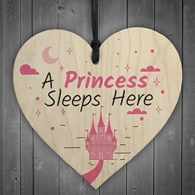 Image of RED OCEAN A Princess Sleeps Here Wooden Hanging Heart Baby Daughter Bedroom Plaque Girls Door Sign