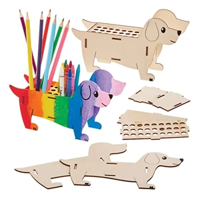 Image of Baker Ross FX689 Sausage Dog Wooden Pencil and Crayon Holder Kits Pack of 3, Wood Craft for Kids