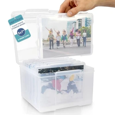 Image of HEFTMAN 5 x 7 Photo Storage Boxes Clear Box with 6 Inner Cases, Holds 600 Photos Transparent Seed Organiser for Photos, Office Supplies, Cables, Stickers (5 7)