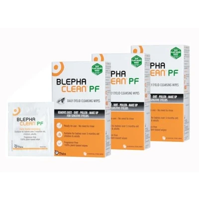 Image of 60 Blephaclean PF Daily Eyelid Wipes Gentle Cleansing for Eyelids and Skin Around the Eyes Suitable Babies (over 3 months old), Children Adults 20 Sterile Plastic Free x