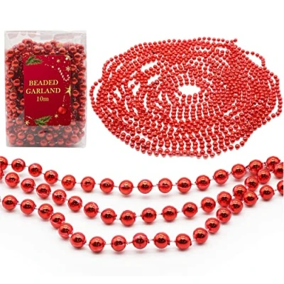 Image of HOVUK® 10M Shiny Bead Garland, Shatterproof Red Chain, Plastic Pearl Beads Christmas Traditional Luxury Tree Decoration