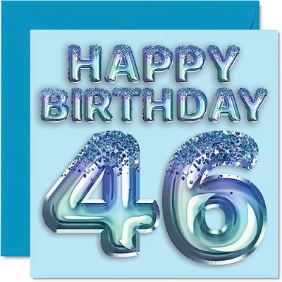 Image of 46th Birthday Card for Men Blue Glitter Party Balloon Happy Cards 46 Year Old Man Friend Dad Brother Uncle Cousin, 145mm x Forty Six Sixth Bday Greeting Gift