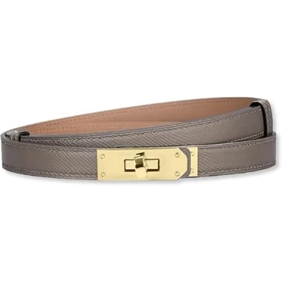 Image of baizhong Women Skinny Leather Belt Classic Solid Color Alloy Turn Lock Ladies Adjustable Slim Thin Waist （Grey Brown/Gold）