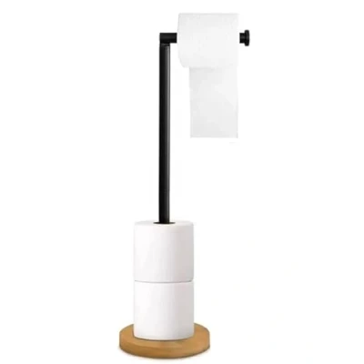 Image of Toilet Roll Holder Free Standing Spare with Swivel Action Extra Storage (Black Wood Base)