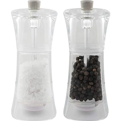 Image of Grunwerg SP 9174 Gmill 2 Piece Acrylic Salt and Pepper Mill Set with Ceramic Adjustable Grinder, 13cm, Clear