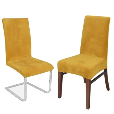 Image of LANSHENG Stretchy Chair Covers for Dining Room Chairs,Stretch Spandex with Elastic Band Chaircover,Velvet Large Slipcovers Restaurant Hotel Party Banquet (Mustard,2 Pack(M))