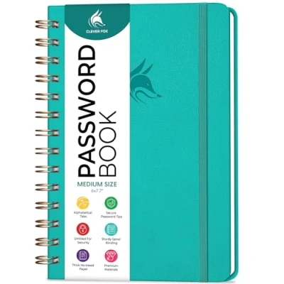Image of Clever Fox Password Book Spiral Internet Address &amp; Organizer with Laminated Alphabetical Tabs Keeper Journal Hardcover, Medium Size, 15.5x19.6cm (Turquoise)