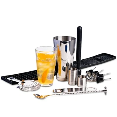 Image of Large Boston Cocktail Shaker Set by bar@drinkstuff Contains Professional Tin &amp; Glass, Mixing Spoon, Muddler, Strainer, Bar Blade, Rubber Mat, 25ml 50ml Measures 4 x Pourers Beginners Kit