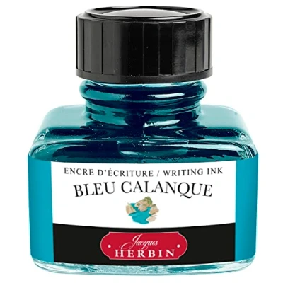 Image of Jacques Herbin Ref 13014T Ink for Fountain Pens &amp; Rollerball Blue Calanque / Creek 30ml Bottle with Integrated Pen Rest Coloured