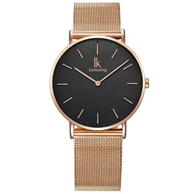 Image of Alienwork Watch Men Women Rose Gold Metal Mesh Strap Black Ultra Thin