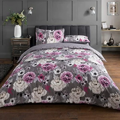 Image of Sleepdown Inky Floral Grey Easy Care Soft Cosy Reversible Duvet Cover Quilt Bedding Set 200 cm x Plus 2 Pillowcases 80