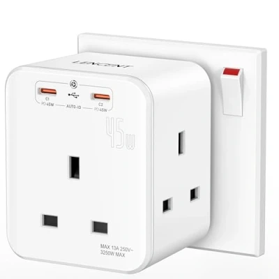Image of LENCENT 3 Way Plug Extension Socket with 2 Fast Charge USB, 5 in 1 Cube Multi PD45W USB C Wall Charger, Extender for Home, Office, Kitchen, 13A 3250W