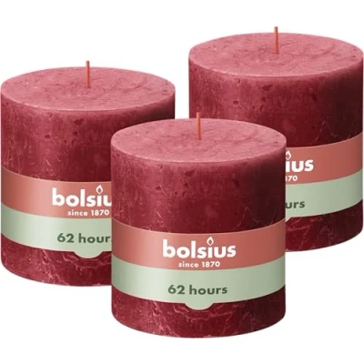Image of Bolsius Rustic Pillar Candle XXL, Red, Set of 3, Decorative Household Candles, Length Burning Time 62 Hours, Unscented, Natural Plant Wax, Palm Oil Free, Extra Large, 10 x cm