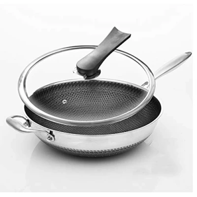 Image of BSTL Non Stick Induction Wok with Lid 38cm Stir Fry Pan Toughened Glass and Slip Stay Cool Handles,36CMWithears B