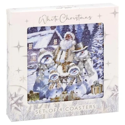 Image of Lesser &amp; Pavey Macneil Traditional White Christmas Set of 4 Coasters 11cm x Gift Idea for Themed Coaster Santa Snowman UK Design Hot Drinks Tea Coffee