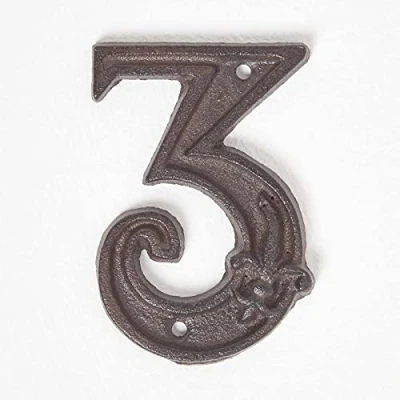 Image of HOMESCAPES Cast Iron Door Number 3 Decorative Antique Brown Finish House with Fleur De Lis Traditional Hand Design H 11.8 x W 8 cm