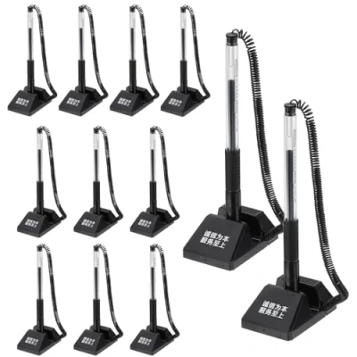 Image of M&amp;G Secure Counter Pens with Chain 0.5mm, 12pcs Adhesive Pen Holder Reception Desk Stand Type Spring Joint for Bank Office Workplace, Black 14cm