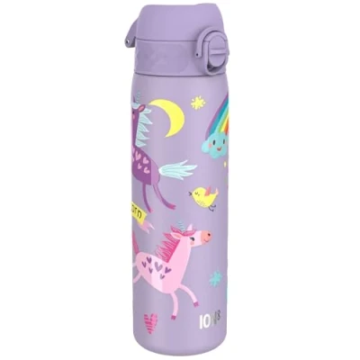 Image of Ion8 Steel Water Bottle, 600 ml/20 oz, Leak Proof, Easy to Open, Secure Lock, Dishwasher Safe, Flip Cover, Fits Cup Holders, Carry Handle, Durable, Metal Raised Print, Purple Unicorns