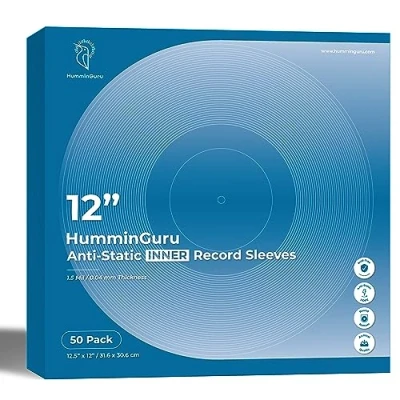 Image of HumminGuru Vinyl Record Inner Sleeve 12 Inch, Acid Free &amp; Anti Static Sleeves, 1.5Mil HDPE Round Bottom Sleeves for Album Covers 50 Pack (12“ Sleeves)