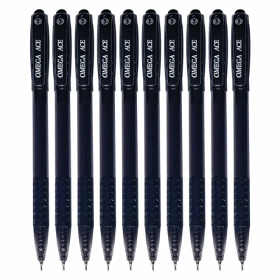Image of OMEGA Ace Retractable Ballpoint Pens, BLACK, Fine Point (0.7 mm), Pack of 10, Smooth Ball Click Mechanism, School Office Home Everyday Use