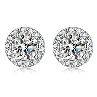 Image of Halo Stud Earrings, Earrings for Women Diamond Sterling Silver Fake Studs CZ Cubic Zirconia